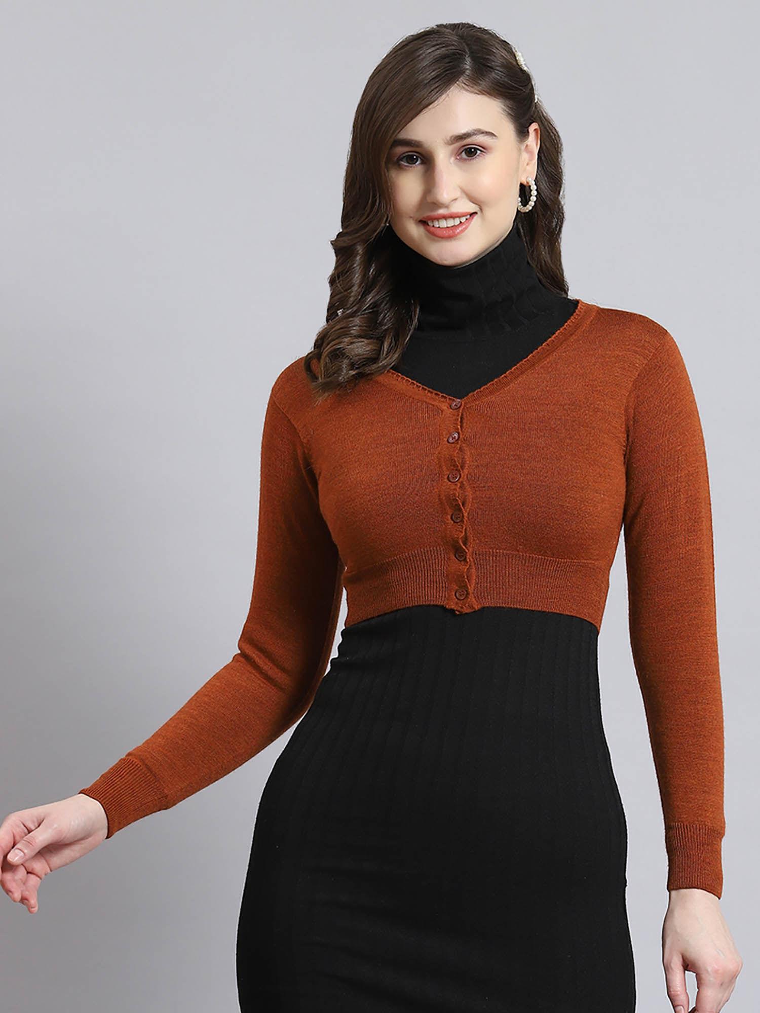 rust solid full sleeves v-neck cardigan