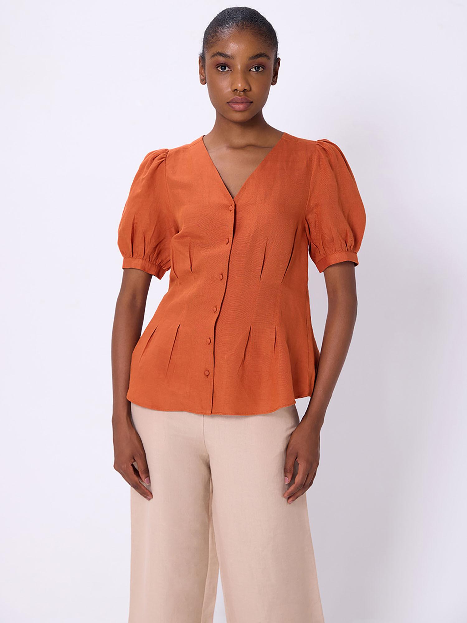 rust solid linen v neck top