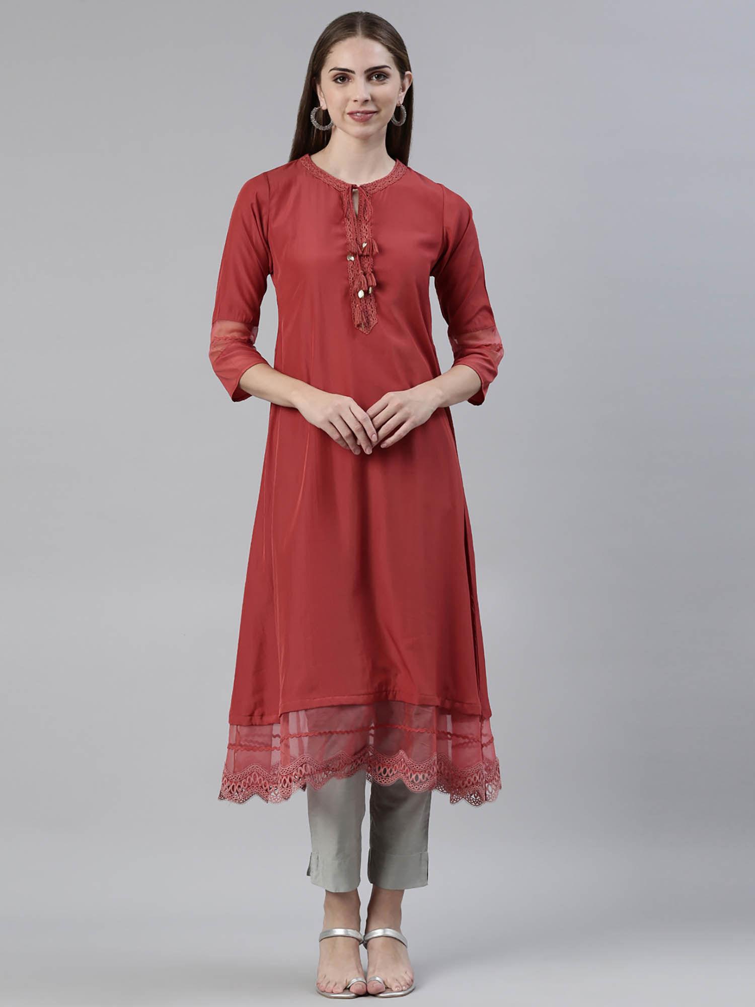 rust solid rayon keyhole neck kurta