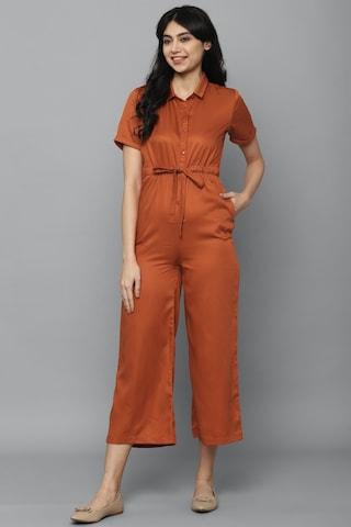 rust solid regular collar casual calf-length short sleeves women regular fit jumpsuit