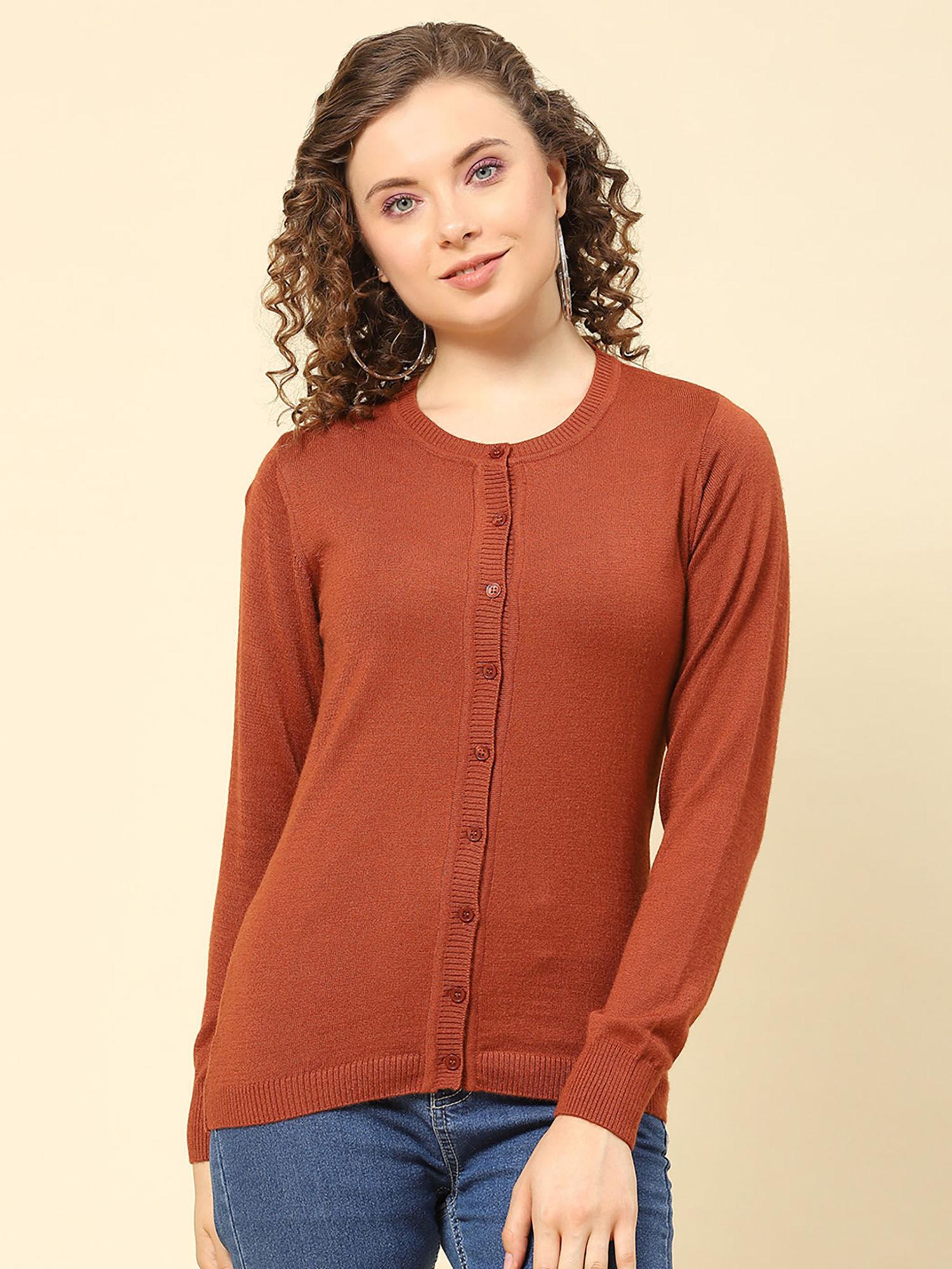 rust solid round neck cardigan