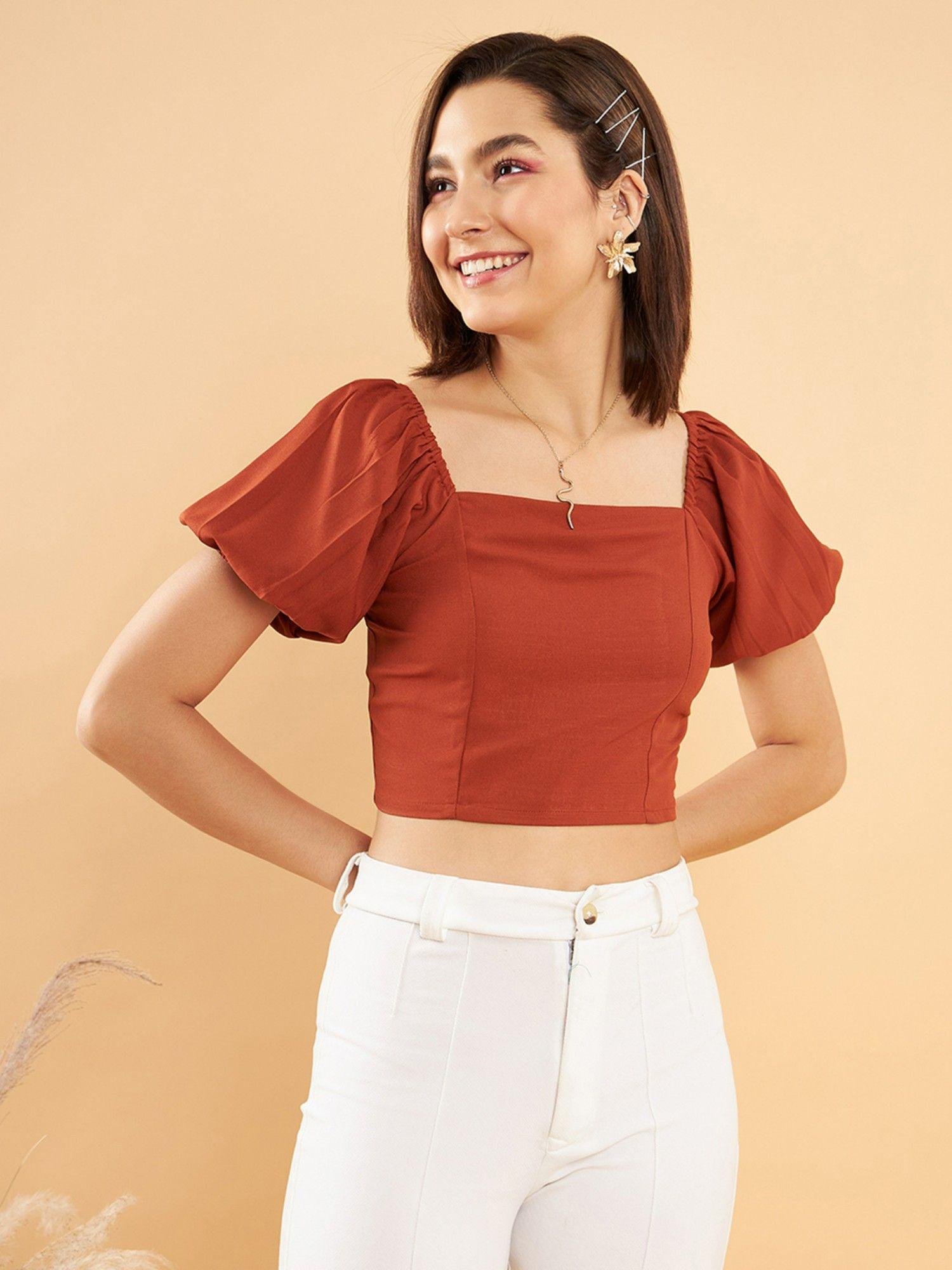 rust square neck puff sleeves fitted crop top