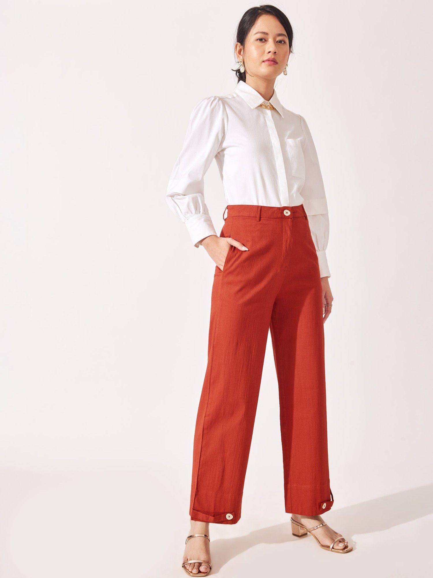 rust tab buttoned hem pants