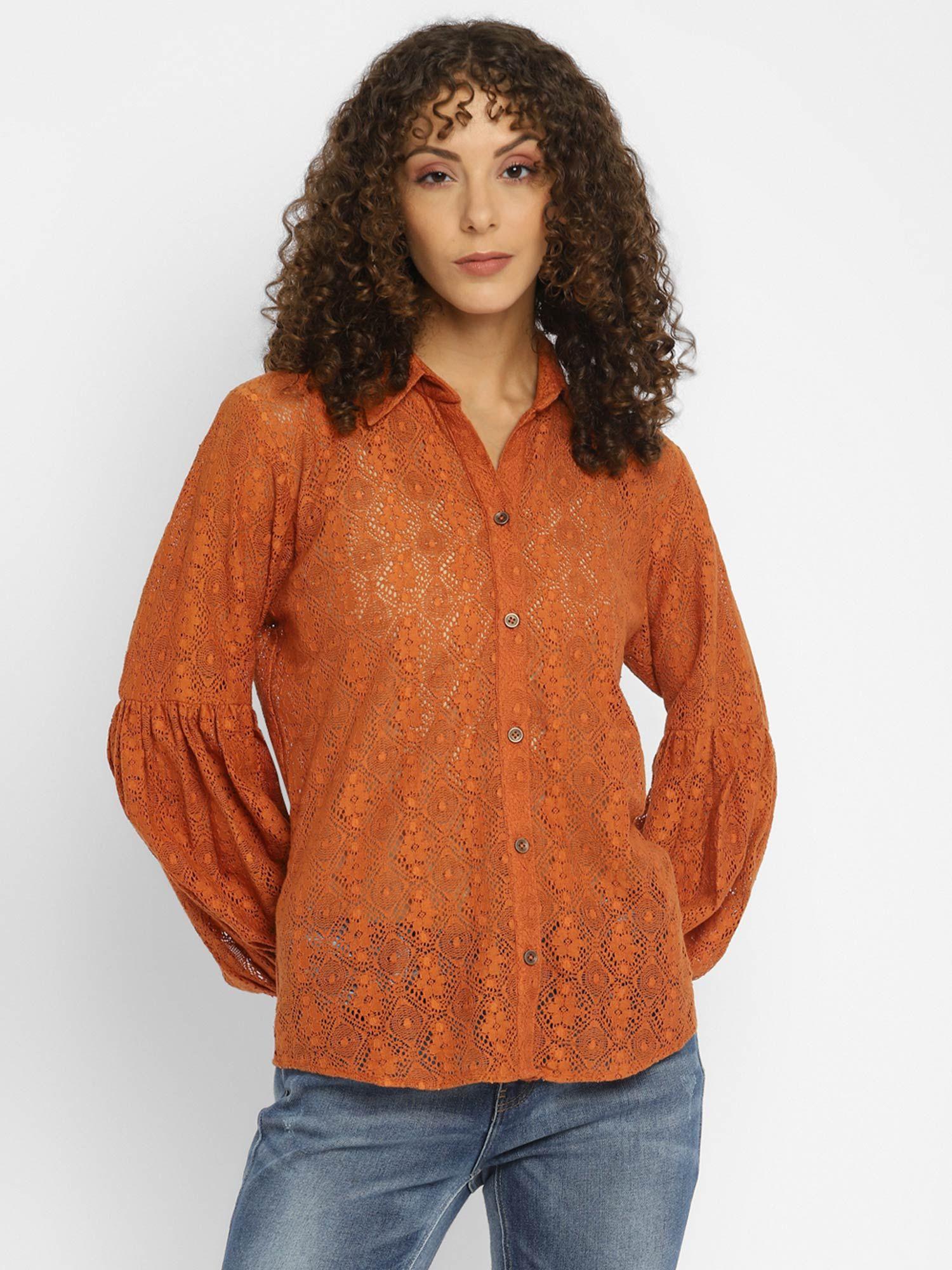 rust textured crochet shirt