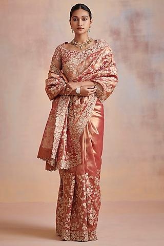 rust tissue aari hand embellished saree set