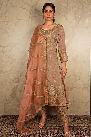 rust tissue embroidered kurta set