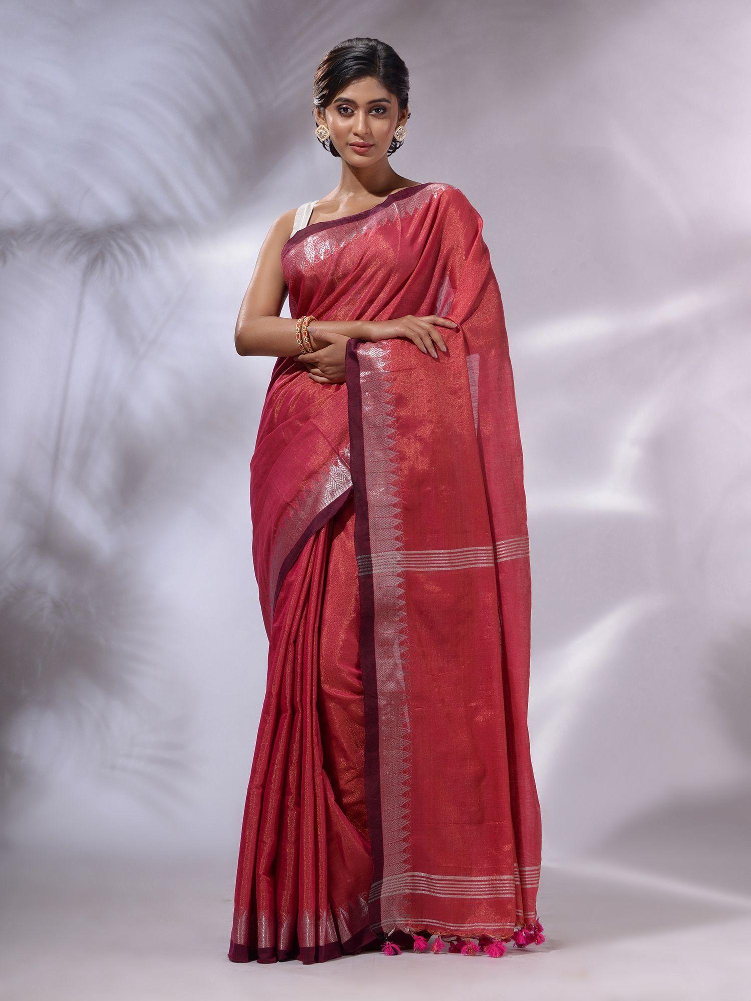 rust tissue handwoven saree with unstitched blouse and zari woven