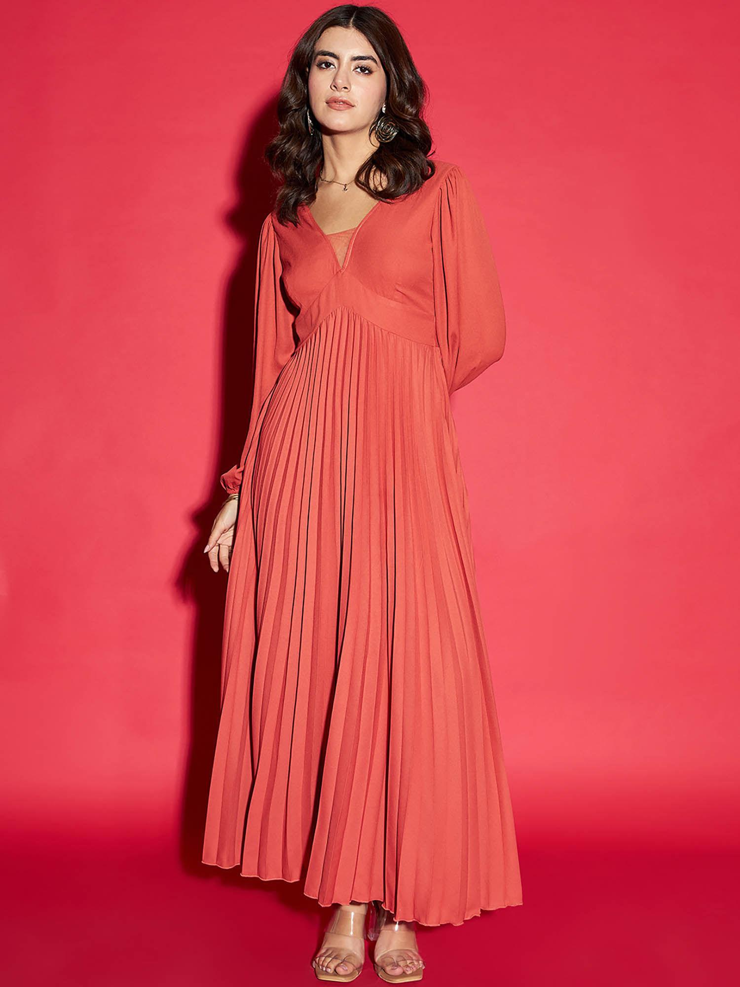 rust v- neck pleated maxi dress