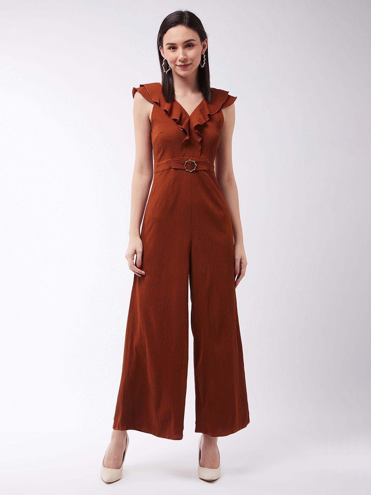 rust v-neck sleeveless solid wide-leg/ruffles regular jumpsuit