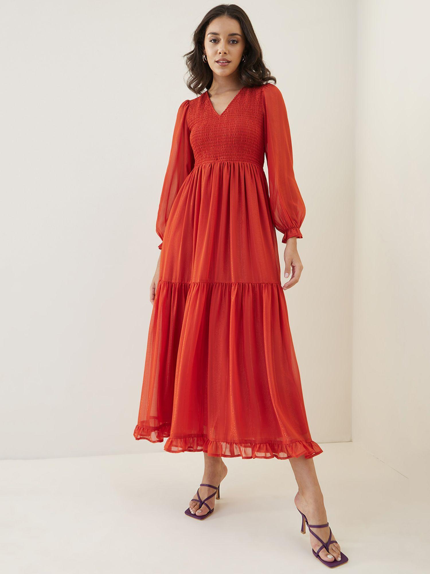 rust v-neck smocked lurex maxi dress