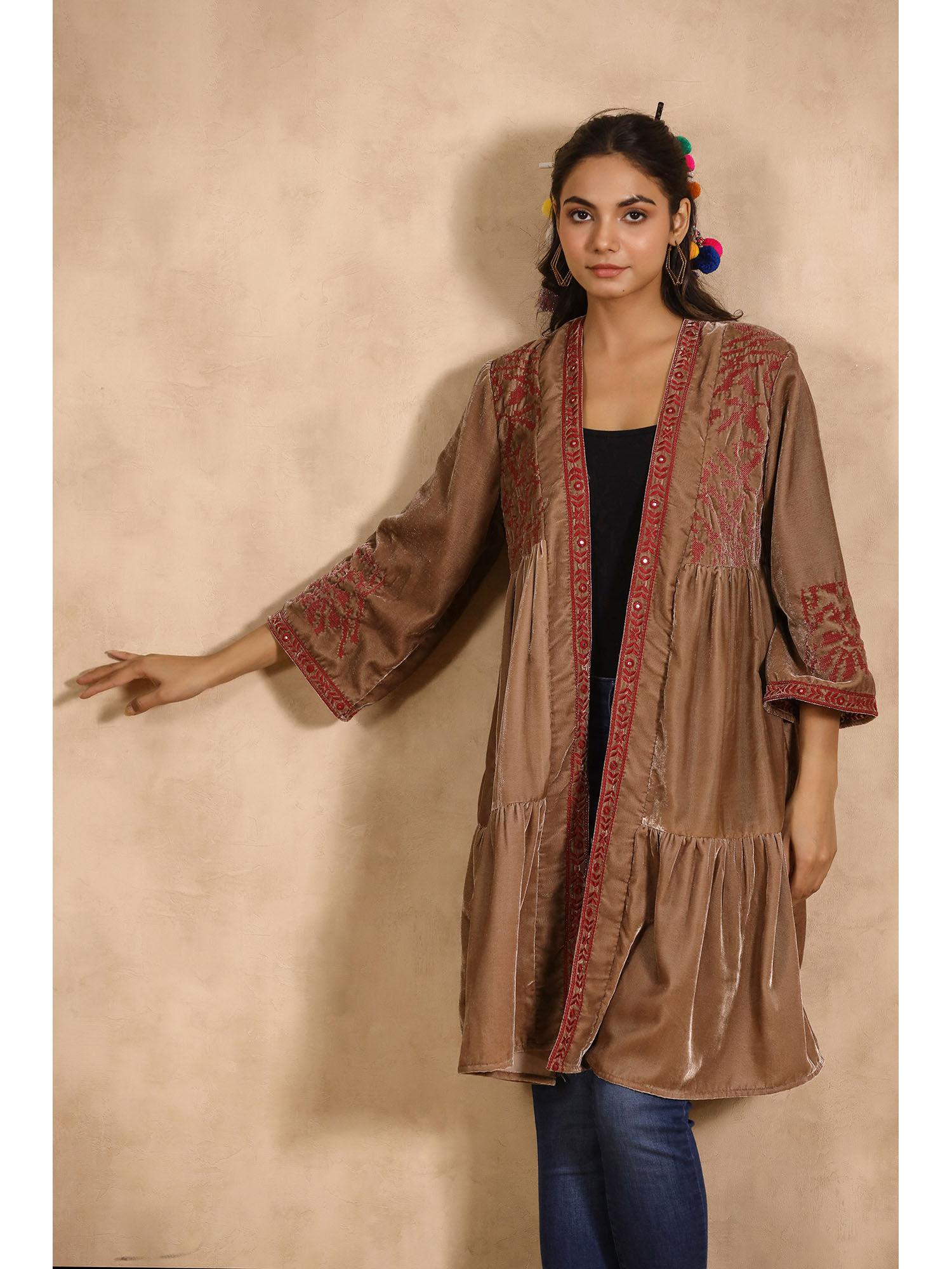 rust velvet embroidered with mirror work jacket for women