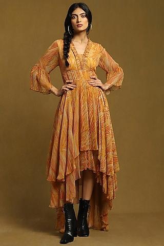 rust viscose chiffon printed asymmetric dress