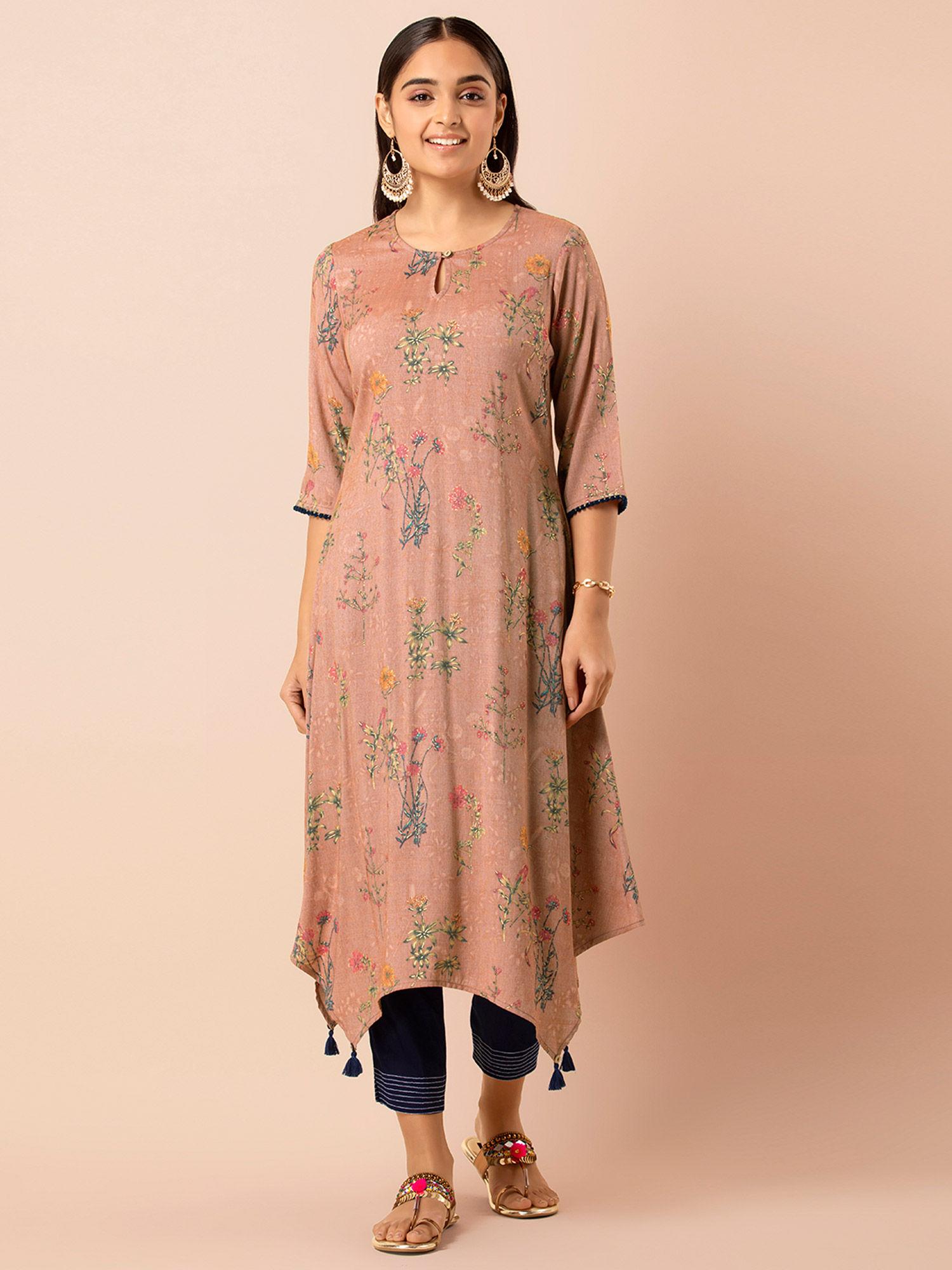 rust viscose floral high low tunic