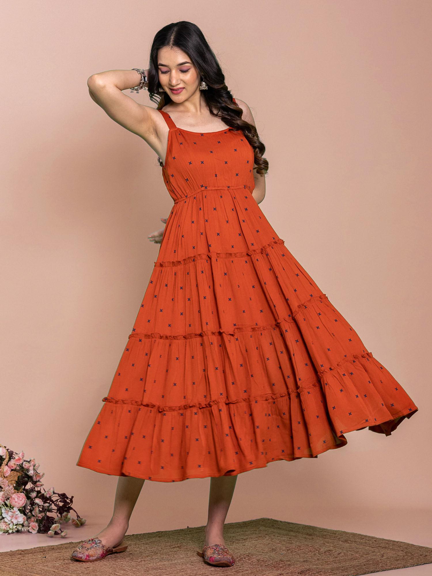 rust viscose floral printed flared dress