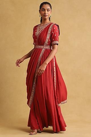 rust viscose linen embroidered drape saree set