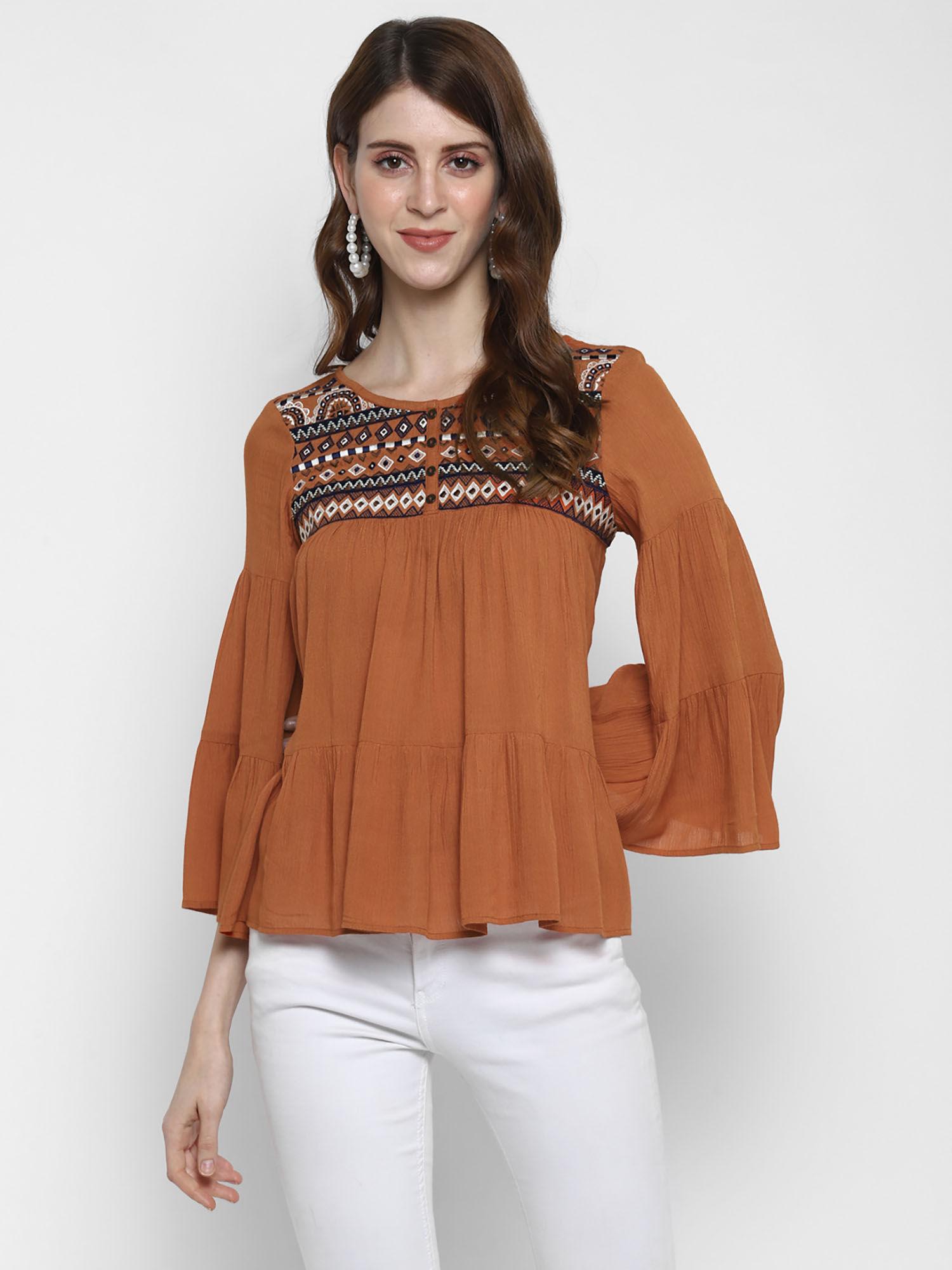 rust yoke embroidered top