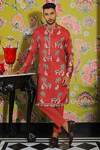 rustic red silk & stretch cotton printed kurta set