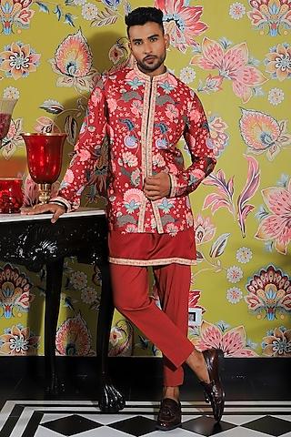 rustic red silk printed nehru jacket