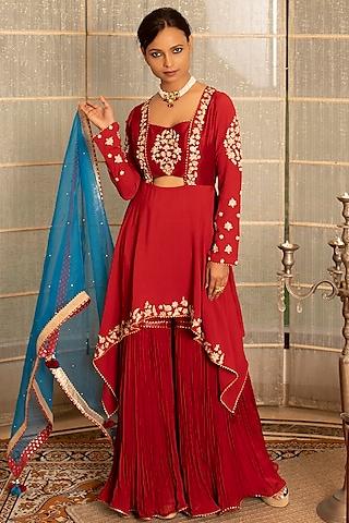 rustish red embroidered kurta set