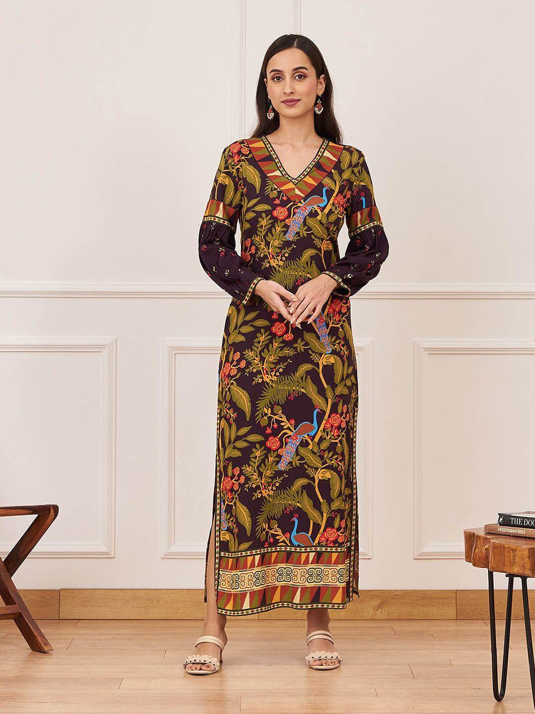 rustorange floral print v-neck cuffed sleeves maxi dress