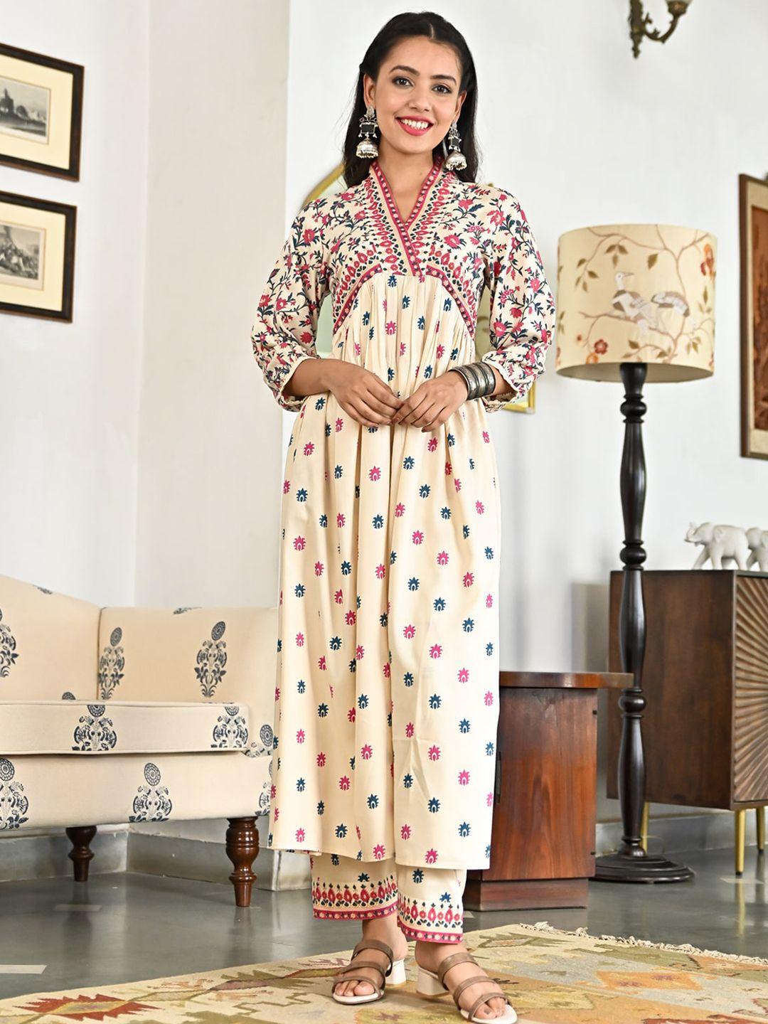 rustorange floral printed a-line pleated kurta with trousers