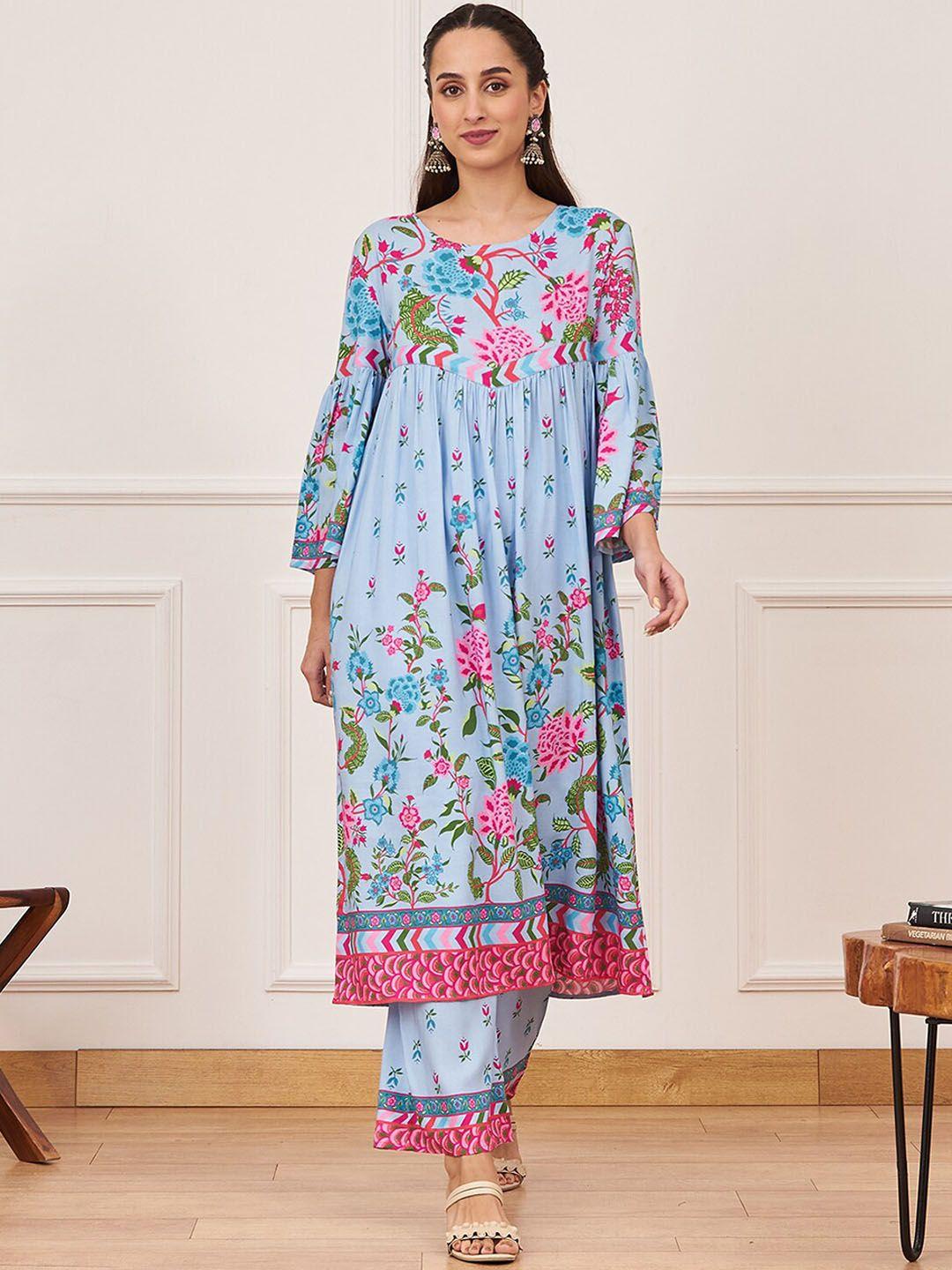 rustorange floral printed pleated a-line kurta with trousers