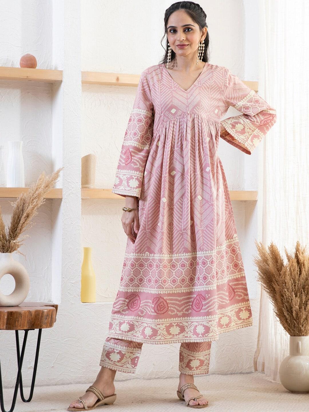 rustorange floral printed v-neck a-line pleated kurta with trousers