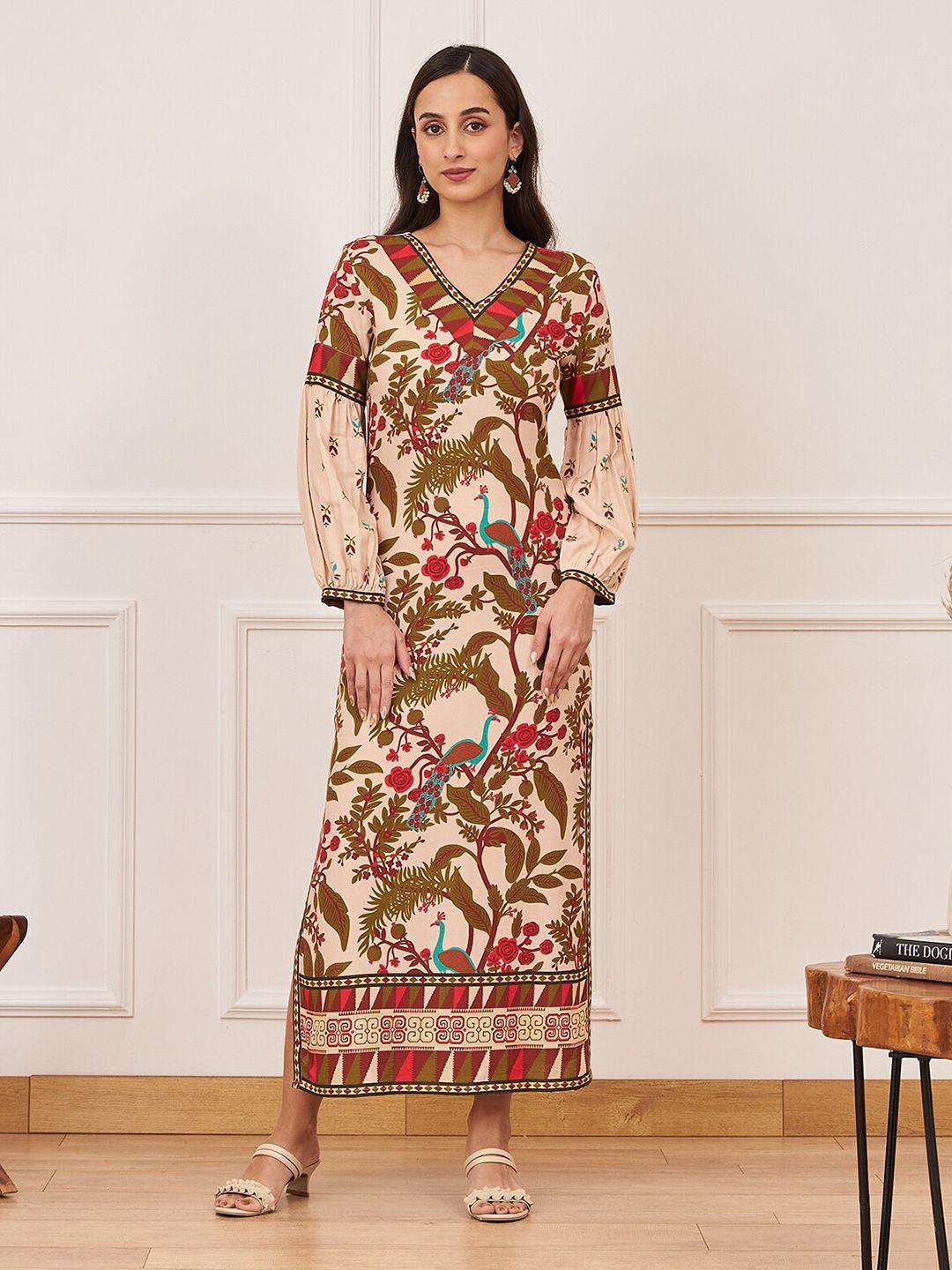 rustorange floral printed v-neck puff sleeves maxi ethnic dress