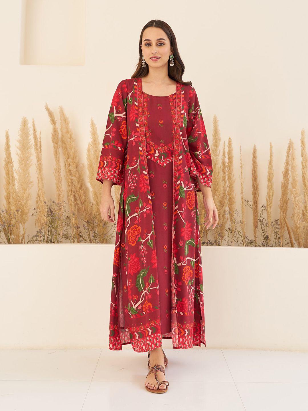 rustorange maroon floral print cape sleeve maxi dress
