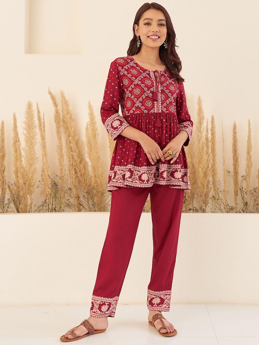 rustorange bandhani printed a-line kurti with palazzos