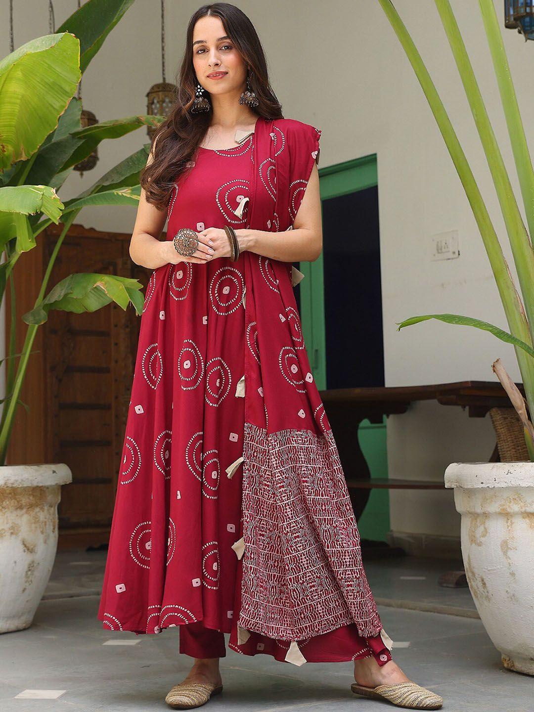 rustorange bandhani printed anarkali kurta with trousers & dupatta