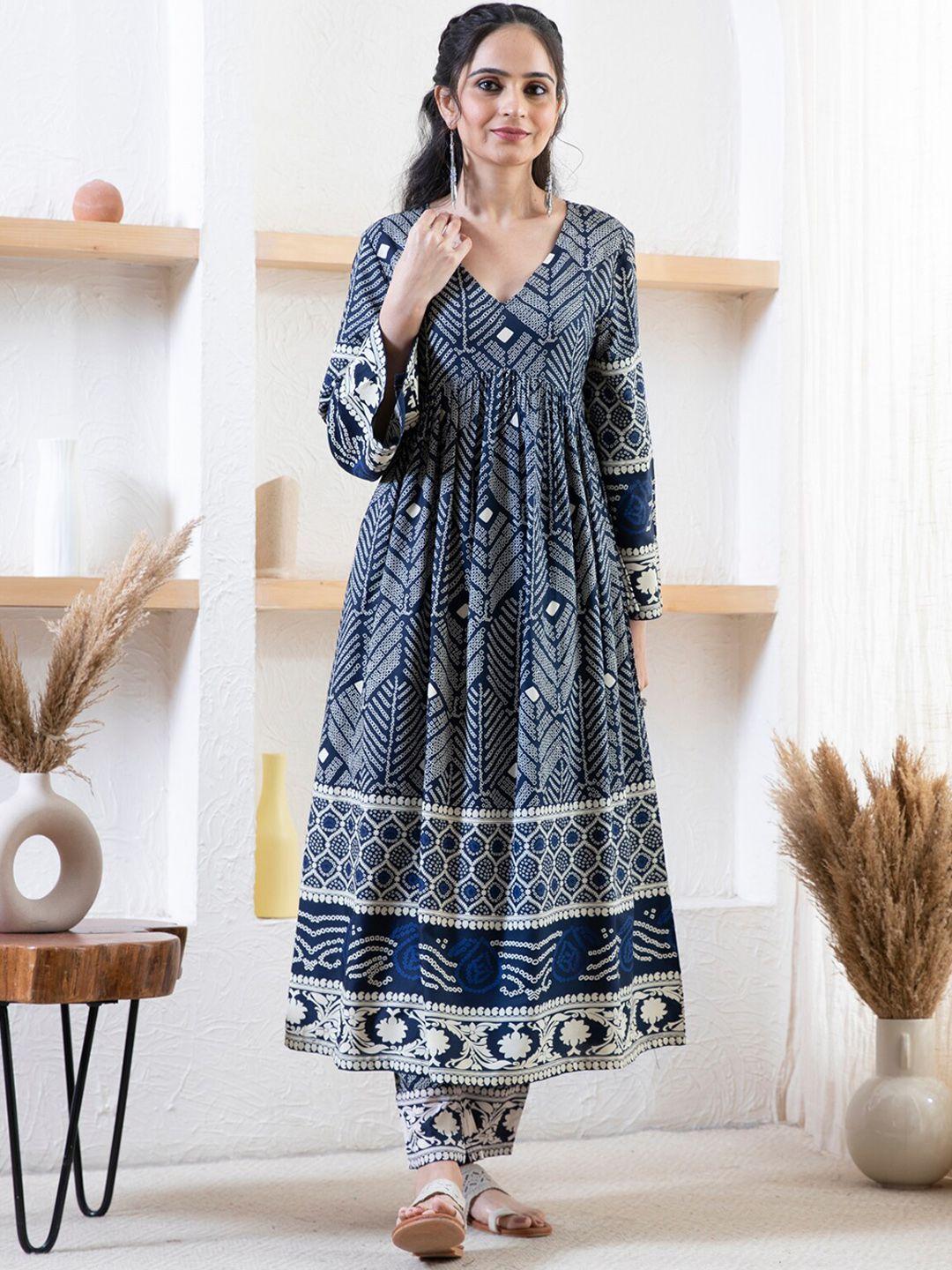 rustorange bandhani printed v-neck a-line pleated kurta with trousers