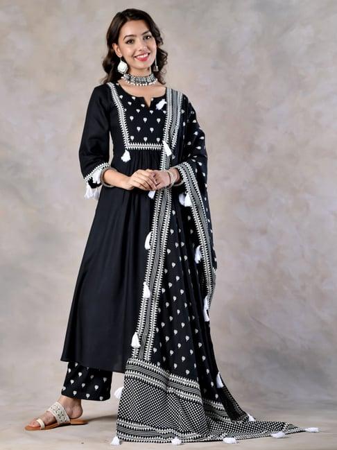 rustorange black & white printed kurta pant set with dupatta