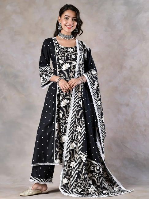 rustorange black & white printed kurta pant set with dupatta