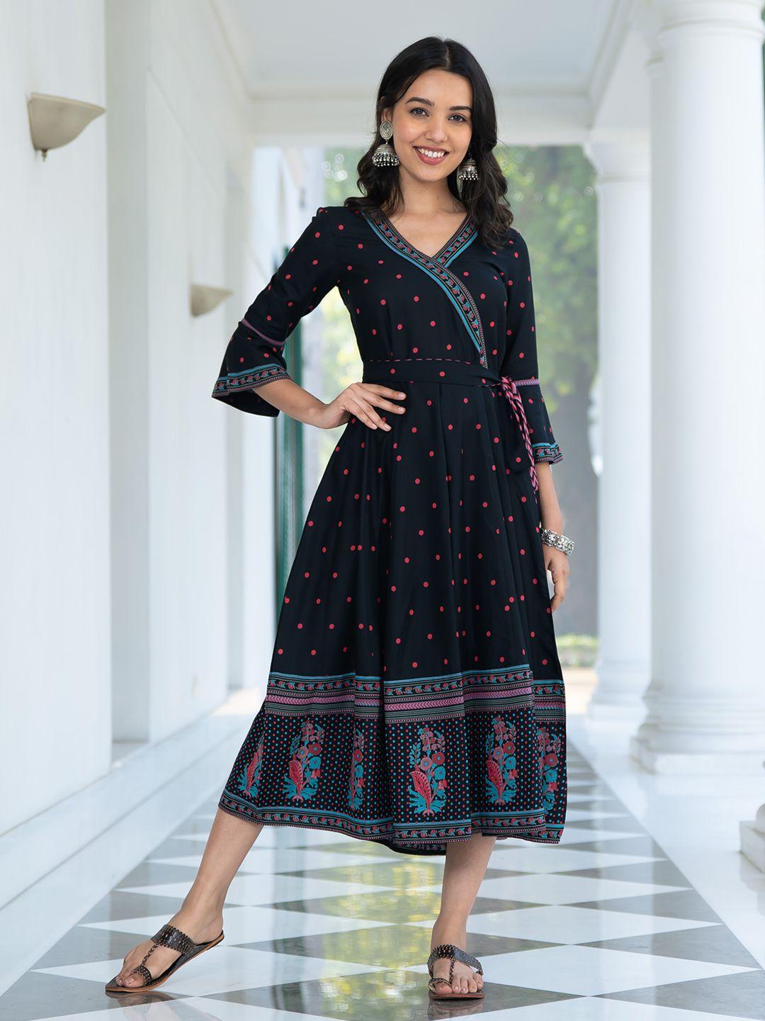 rustorange black angrakha flared dress with knot details