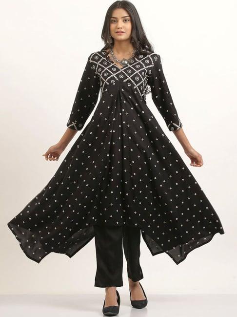 rustorange black bandhani printed asymmetric hem kurta & pants set