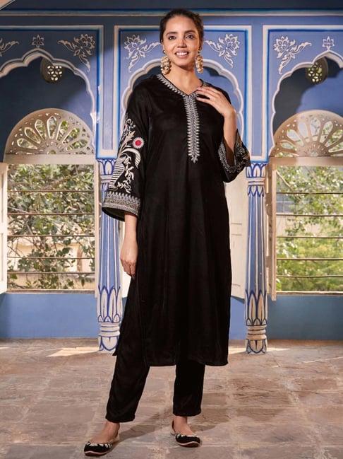 rustorange black embroidered straight kurta