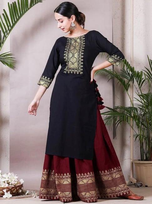 rustorange black gold printed kurta & skirt with tassels