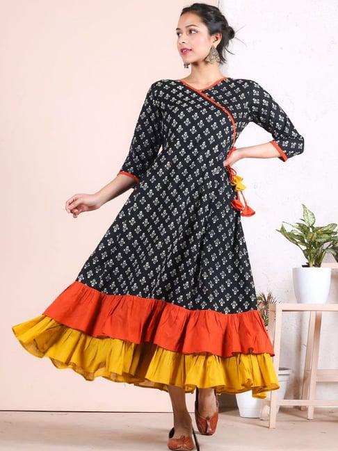 rustorange black printed angrakha dress