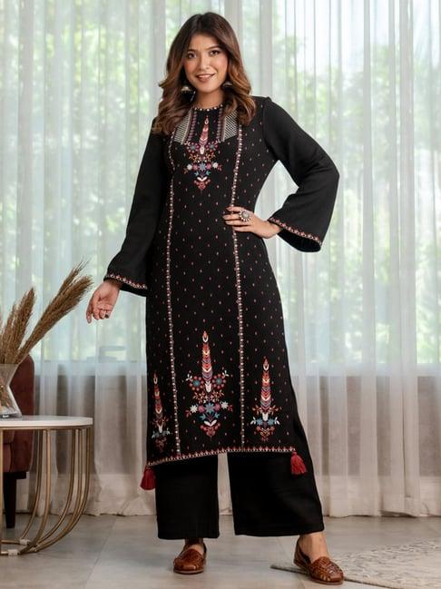 rustorange black printed straight kurta