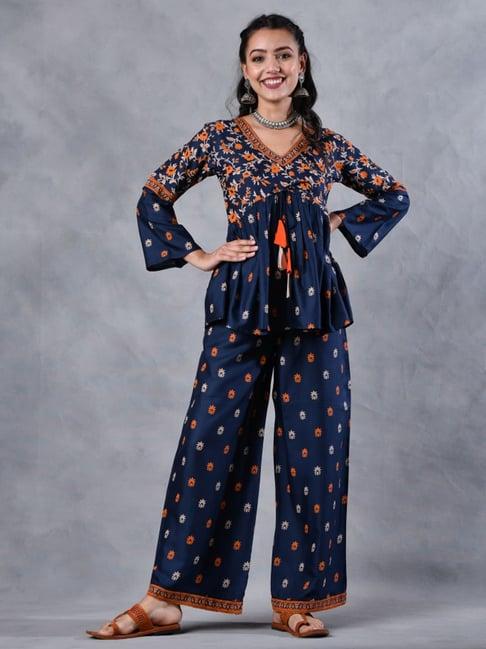 rustorange blue & orange printed tunic palazzo set