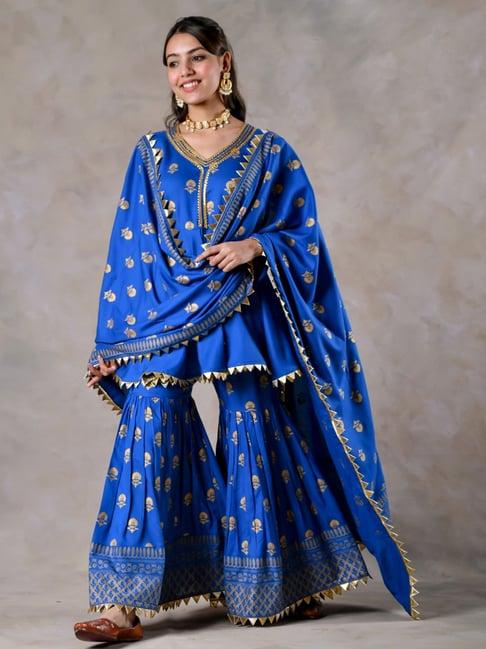 rustorange blue printed kurta sharara set with dupatta