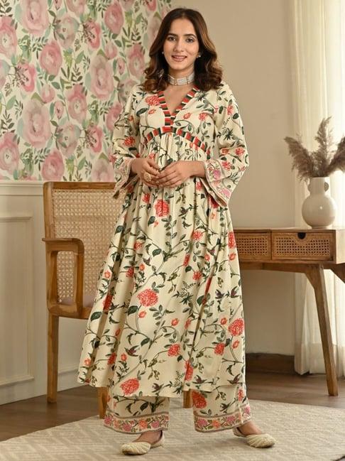 rustorange cream printed kurta palazzo set