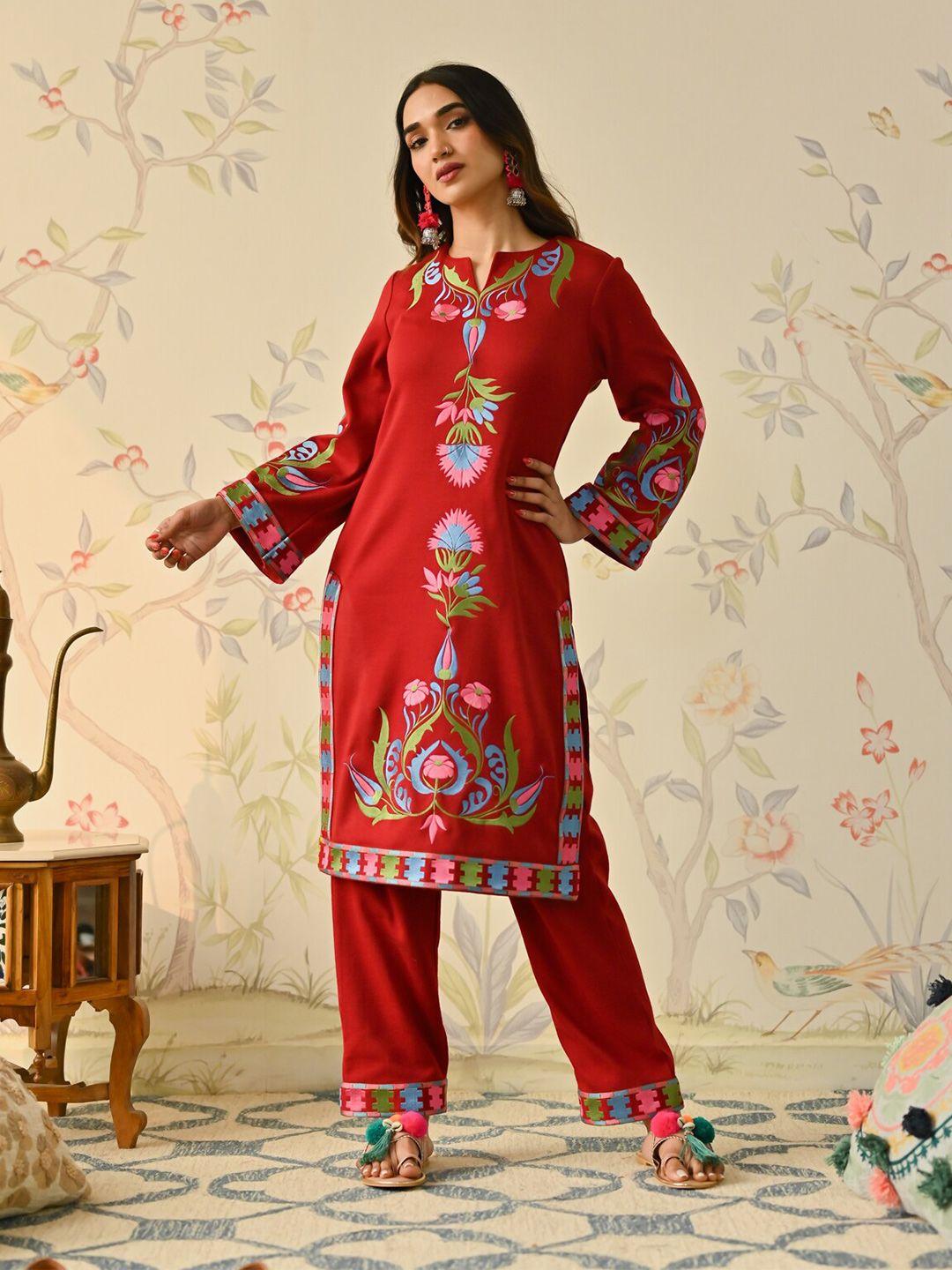 rustorange ethnic embroidered notch neck flared sleeves acrylic kashmiri kurta with salwar