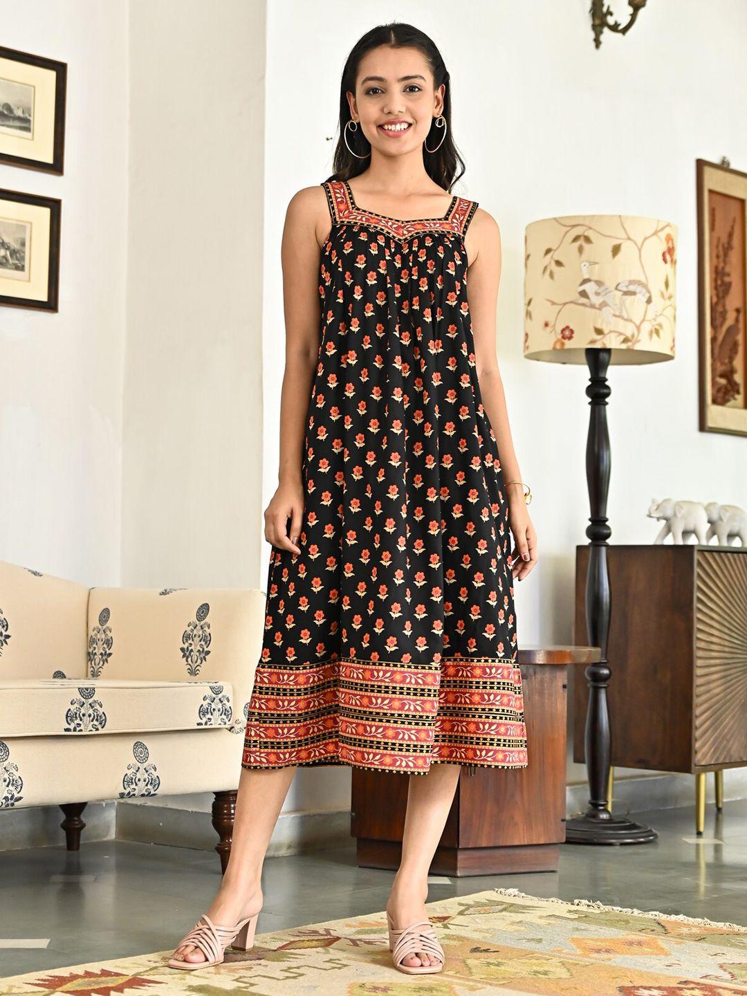 rustorange ethnic motif printed sleeveless a-line midi ethnic dress