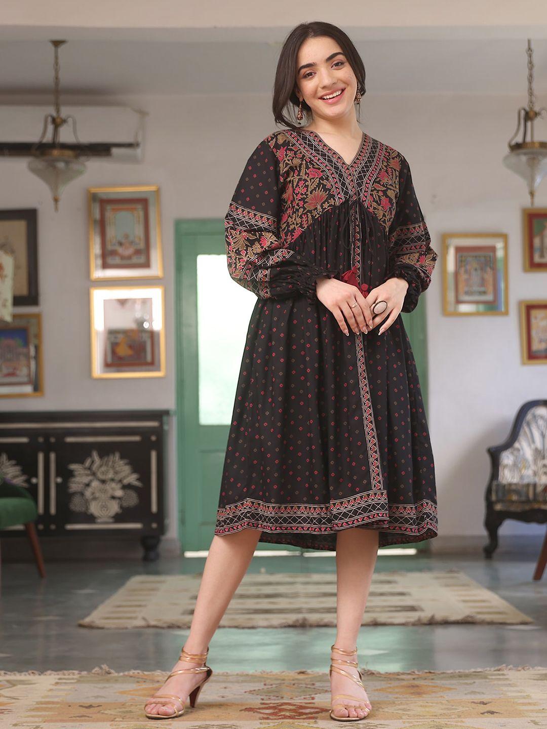 rustorange ethnic motif printed v-neck a-line ethnic dress