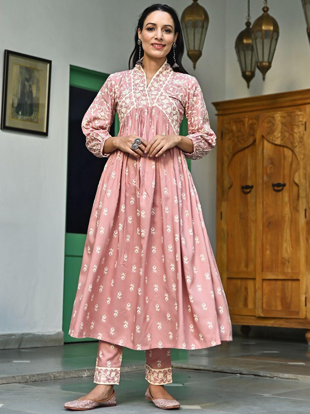 rustorange ethnic motifs printed a-line pleated kurta with trousers