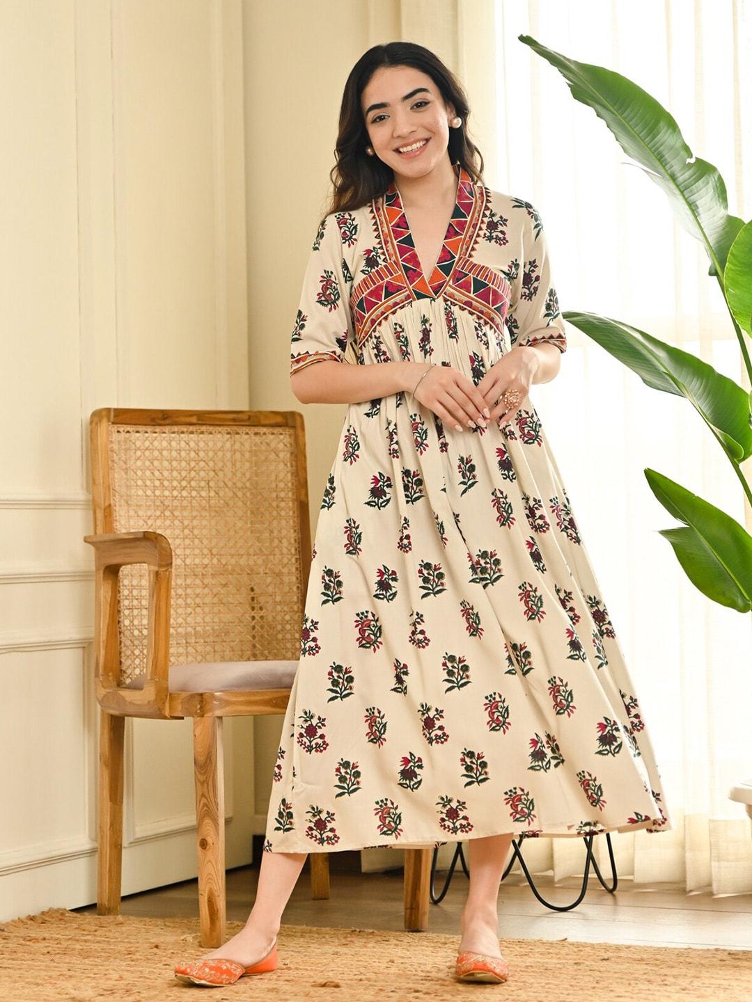 rustorange ethnic motifs printed midi dress