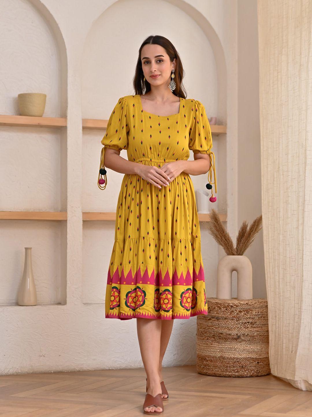 rustorange ethnic motifs printed puff sleeves tiered fit & flare midi ethnic dress