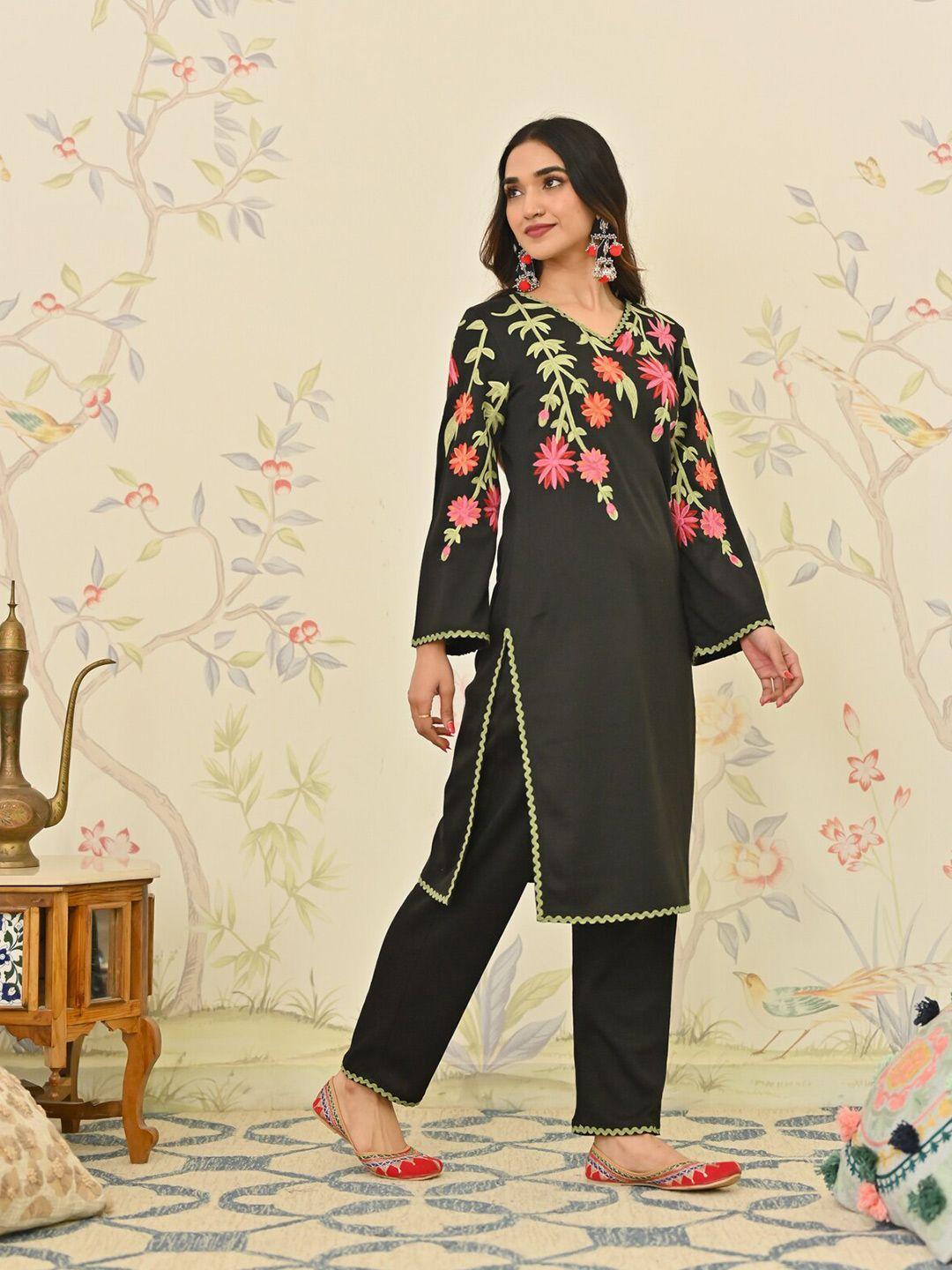 rustorange floral embroidered acrylic straight kurta